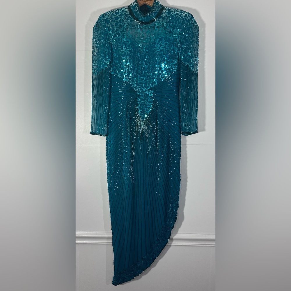 VTG A.J. Bari Silk Turquoise Sequin Beaded Gown